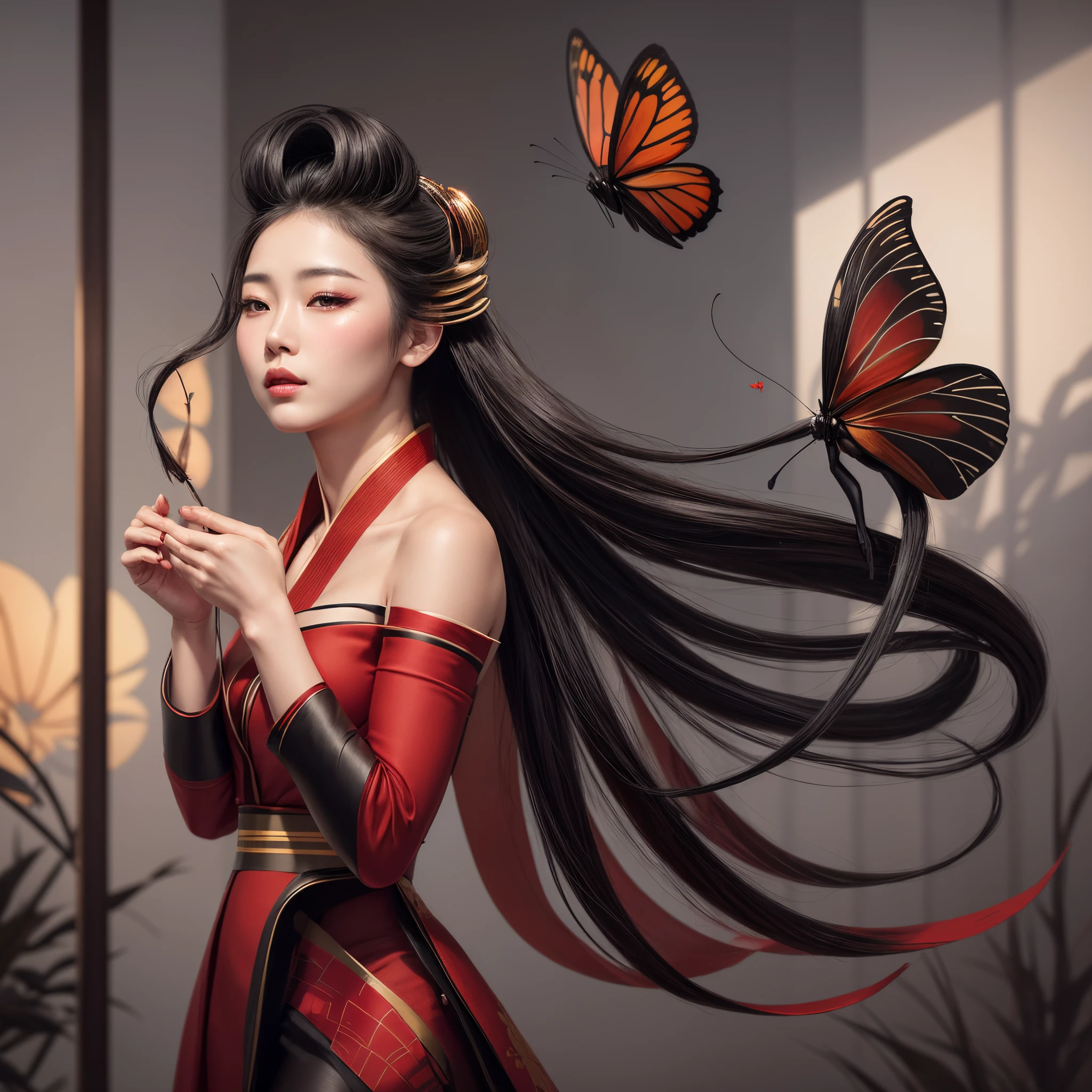 a beautiful Asian woman, long flowing black hair, wearing a bun on her head, full lips, full breasts, beautiful eyes, wearing a red kimono with bare shoulders, with butterflies flying around her, holding a small smoky insens, digital hyperrealistic art, a beautiful photorealistic art, exquisite digital art of intricate details, beauty geisha, beautiful geisha.