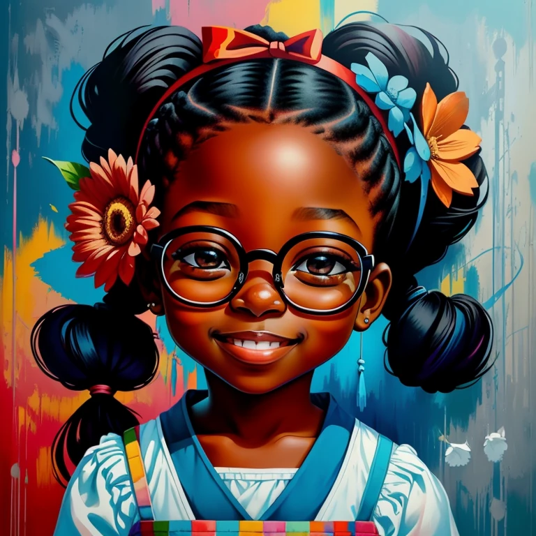 ((|) (cute black baby girl with ponytails smiling with glasses and flowers) stylized identical to 1940 |)), acolchoamento ,multidimensional geometric wall PORTRAIT, arte, Chibi,
Yang016K, lindo,(( cor vermelha predominante, azul e branco))
Primary works, qualidade superior, melhor qualidade, Arte Oficial, Beautiful and Aesthetic,), Eduardo Kobra acolchoamento ,multidimensional geometric wall PORTRAIT, arte, Chibo,detalhes