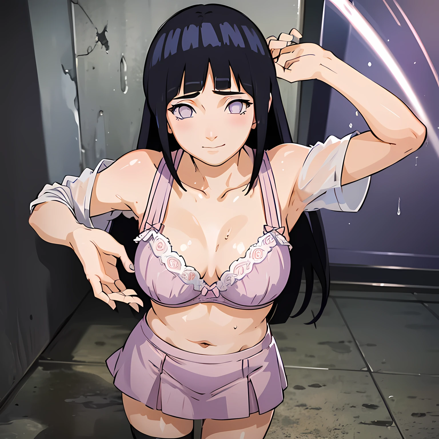 Hinata Hinata, 16 yaers old, put her hands on breasts, erection at the tip of the chest, 8K, Best quality, profesional lighting, one-girl, naughty pose, a skirt, in the middle of taking off clothes, moist and transparent, Cute bra, Put your hands on your hips, There is clear liquid flowing out of the crotch, Cute lingerie, With long bangs, Smiling girl, Long gray hair,