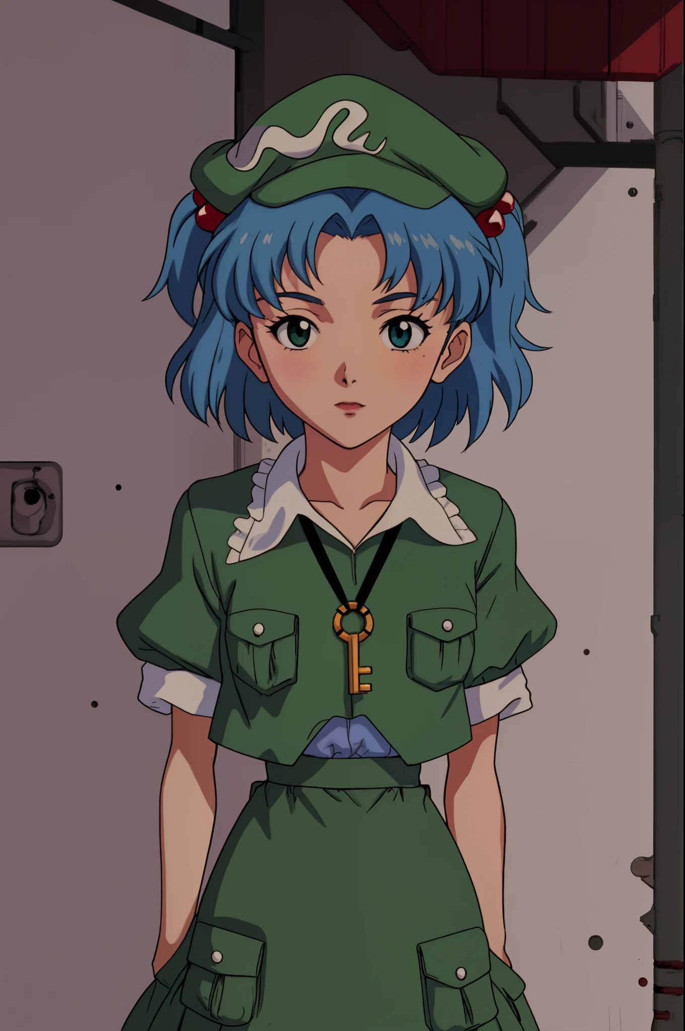 kawashiro nitori
two side up
hair bobbles
hair ornament
green headwear
hat
shirt
puffy short sleeves
skirt set
pocket
key
backpack evangelion anime style