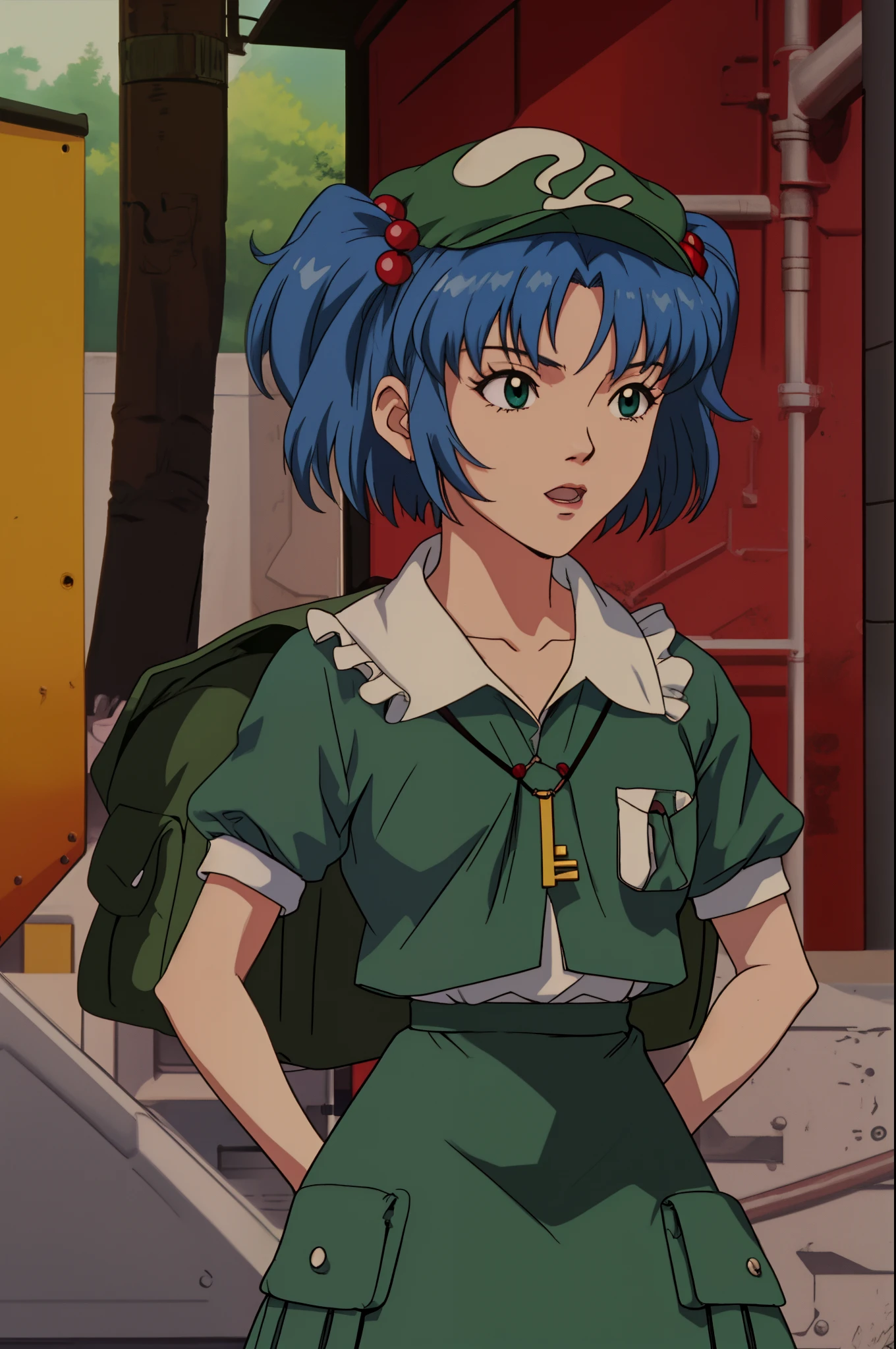 kawashiro nitori
two side up
hair bobbles
hair ornament
green headwear
hat
shirt
puffy short sleeves
skirt set
pocket
key
backpack evangelion anime style