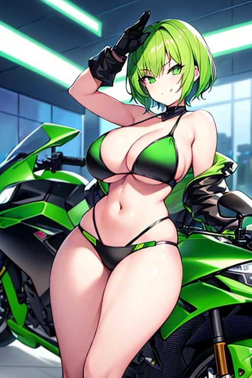 1girl, large breasts, wide hips, green hair, very short hair, short hair, green eyes, bikini, black bikini, neon trim, green neon trim, smile, smirk, smug, futuristic, science-fiction, tech, machinery, shoes, sneakers, motorcycle, motor vehicle