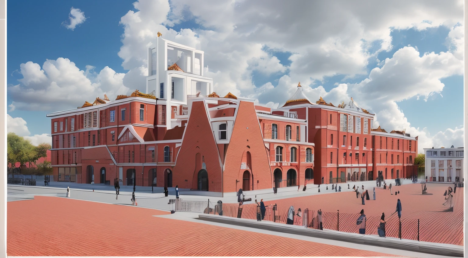 The best picture quality：1.0），Super high resolution 1.0），Realistic architectural rendering，with blue sky and white clouds，Red brick building，fashion sense。