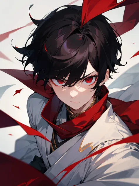 1 boy, with short black hair, red eyes, wearing white chinese clothing, tie a red ribbon as a scarf, serious, surrounded by brok...