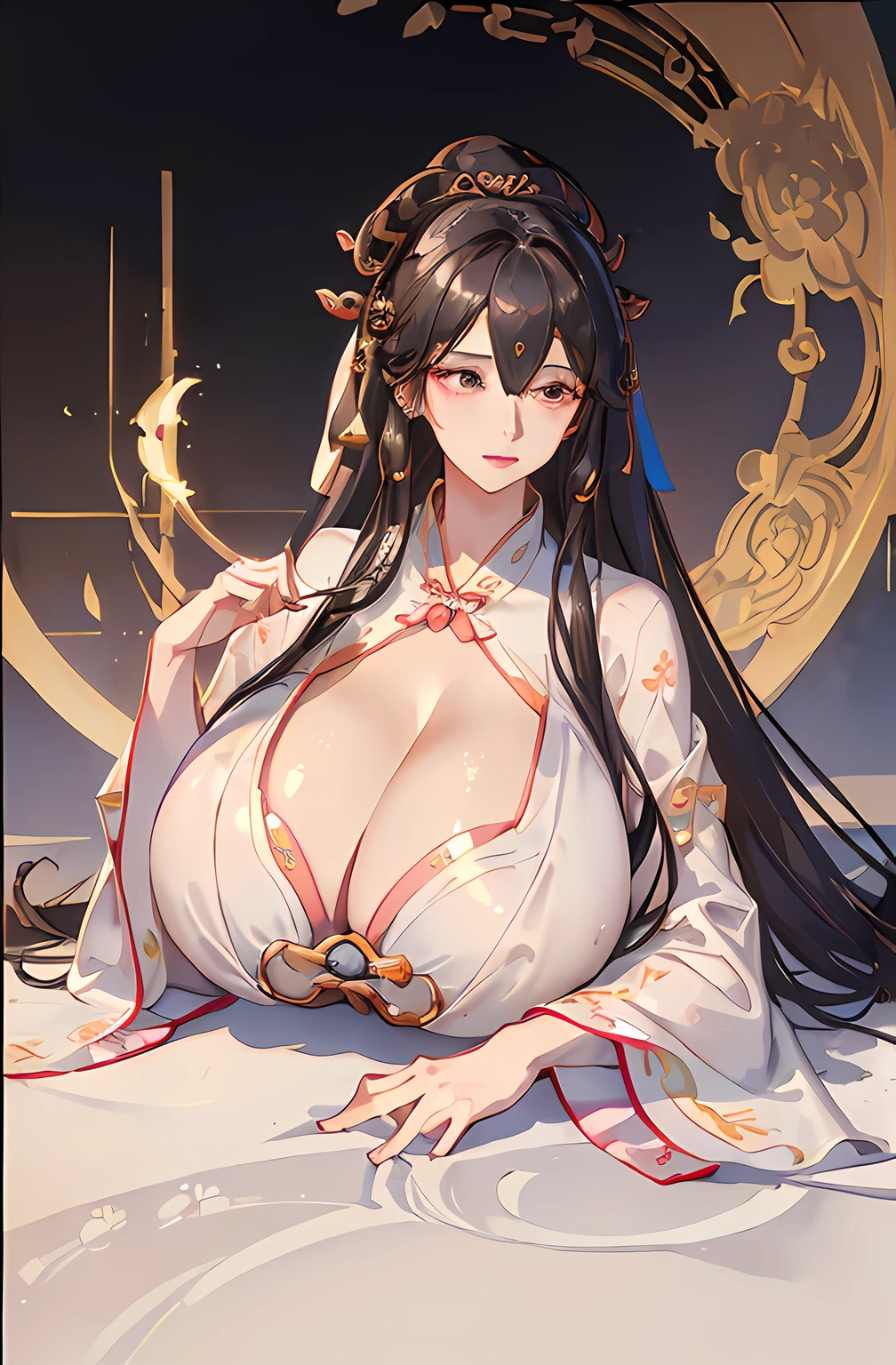 Best Picture Quality，8K, )，(Close-up cleavage)，(Hanfu, Hanfu :1.5)，(Avalokiteshvara)，，White silk robe，white leggings underneath，white ribbons，White veil，pale white face，cabelos preto e longos，Black pupils，Meditation cross-legged，（（super gigantic breasts）)， mothers，((Minimalist style，White lotus background))，，{26 year old，Lactating women}， (Huge cleavage:1.6), (Breast areola:1.4)，ssmile，In a tea house，east asian architecture