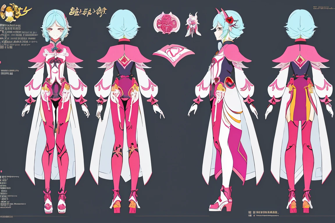 tmasterpiece, beste-Qualit, 1girl, hight resolution, absurdress, full - body, (overdetalization: 1.1025), (illustartion: 1.1025), (Infographic: 1.1025), Patent drawings, Physical Dimensions, (The whole configuration of the garment: 1.1025), stationery, (独奏: 1.1025), standingn, One-piece background, 5 fingers in the hands, Character Sheet,Chinese girl design，Detailed Genshin graphics，anime character design，anime concept art，pretty anime character design，anime character reference sheet，[character design]，