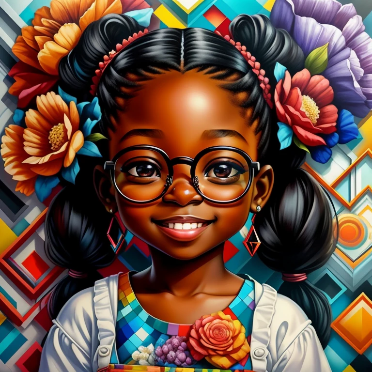 ((|) (cute black baby girl with ponytails smiling with glasses and flowers) stylized identical to 1940 |)), acolchoamento ,multidimensional geometric wall PORTRAIT, arte, Chibi,
Yang016K, lindo,(( cor vermelha predominante, rosa e branco))
Primary works, qualidade superior, melhor qualidade, Arte Oficial, Beautiful and Aesthetic,),  Eduardo Kobra acolchoamento ,multidimensional geometric wall PORTRAIT, arte, Chibo,detalhes