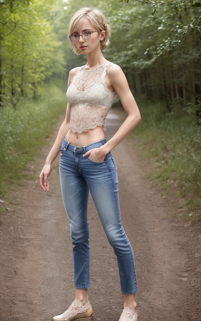(8K, Masterpiece, RAW photo, ultra HD quality, detail:1.5), (scenary, natural background:1.4), Depth of field, Cinematic light, (ultra realistic face:1.5), ( 1 picture of 1 girl Ekaterina Ackerman:1.7), (solo girl:1.6), (Beautiful and elegant Russian girl), (skinny girl with glasses), (European face:1.3), (natural abs), (complete perfect full body:1.6), (full body including shoes:1.5), (tight minitop:1.5), ([red|gray] miniTop:1.4), (small necklace, collarbone:1.1), ([short hair]:1.5), (ultra detailed skin:1.4), (soft mate fabric:1.3), ([frontal pose|side profile pose|back profile pose]:1.5), (face looking at viewer:1.5), (perfect hands:1.5), (perfect feet:1.5), (perfect anatomy:1.6), (perfect body:1.6), (ultra perfect beautiful face:1.6), (blonde hair:1.4), ([Pixie|Bob|Bangs|Braids|Pigtails] hair:1.5), (perfect standing pose:1.5), (Lace Trim Jeans :1.6)