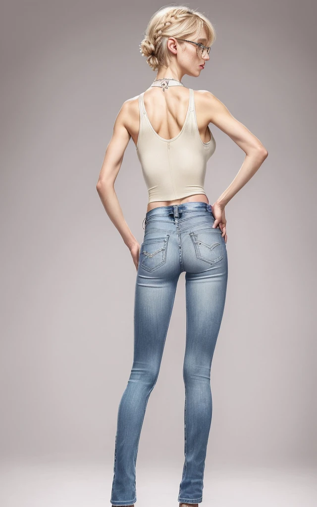 full body, backlighting, pale girl,very long legs, very pale skin full of freckles, very bulging eyes, very big round glasses, ginger hair, braless, nobra,very very very thin legs and very very very thin arms,backlighting, very thin face, bulging eyes, pale white skin, very freckled, very thin, very very large puffy ears, big long nose,flat stomach, very thin and very long legs with thick-soled Tokyo-style boots,LOW RISE JEANS, dynamic pose, dancing