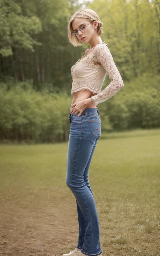 (8K, Masterpiece, RAW photo, ultra HD quality, detail:1.5), (scenary, natural background:1.4), Depth of field, Cinematic light, (ultra realistic face:1.5), ( 1 picture of 1 girl Ekaterina Ackerman:1.7), (solo girl:1.6), (Beautiful and elegant Russian girl), (skinny girl with glasses), (European face:1.3), (natural abs), (complete perfect full body:1.6), (full body including shoes:1.5), (tight minitop:1.5), ([red|gray] miniTop:1.4), (small necklace, collarbone:1.1), ([short hair]:1.5), (ultra detailed skin:1.4), (soft mate fabric:1.3), ([frontal pose|side profile pose|back profile pose]:1.5), (face looking at viewer:1.5), (perfect hands:1.5), (perfect feet:1.5), (perfect anatomy:1.6), (perfect body:1.6), (ultra perfect beautiful face:1.6), (blonde hair:1.4), ([Pixie|Bob|Bangs|Braids|Pigtails] hair:1.5), (perfect standing pose:1.5), (Lace Trim Jeans :1.7)