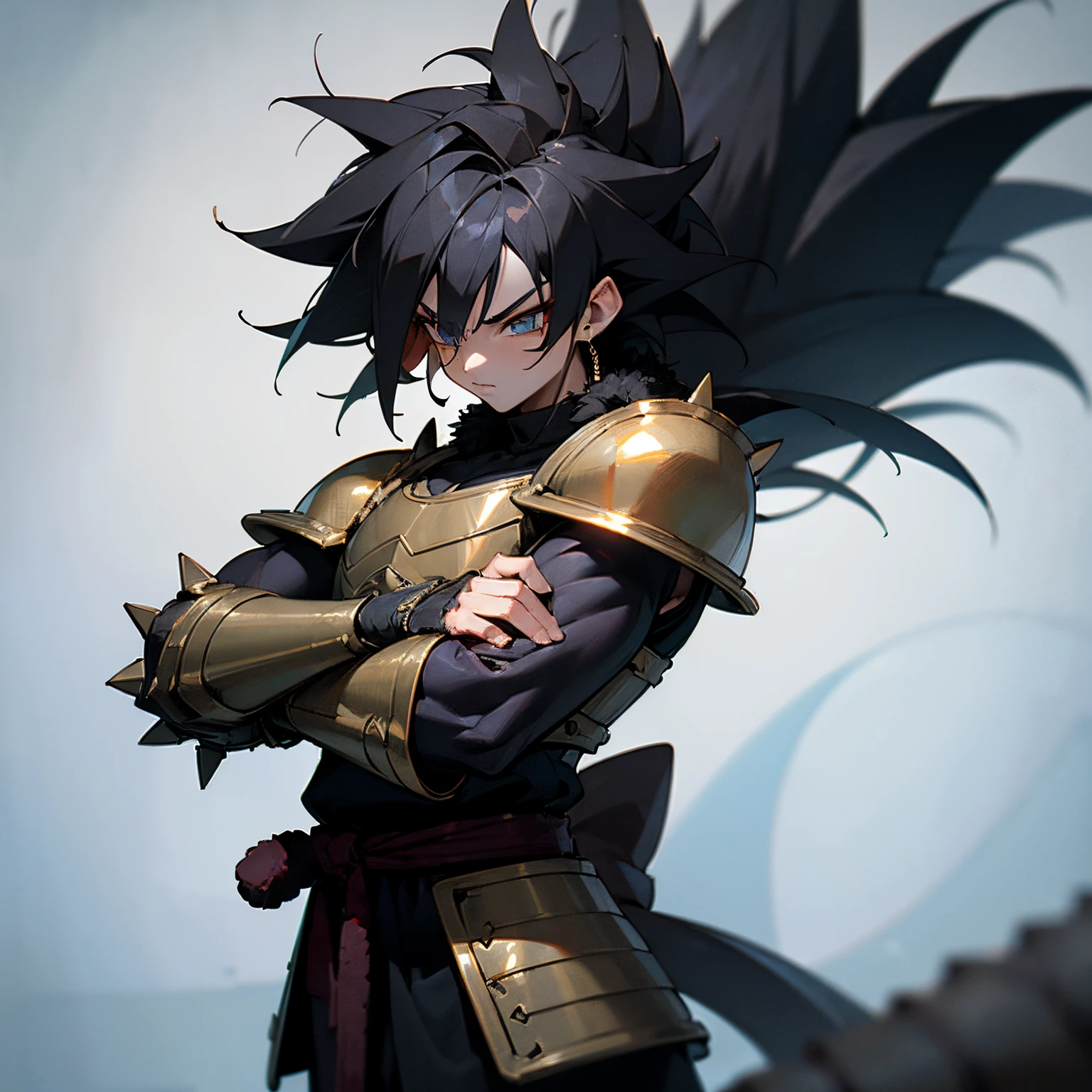 (best quality,ultra-detailed,:1.37),3D rendering, Black Longsleeve Martial Arts Clothing, Armor Armpiece, The warrior has Black Messy Spiky Saiyan Hair and wears Fur Trim Clothing. He has a Muscular Build and a Saiyan Tail.