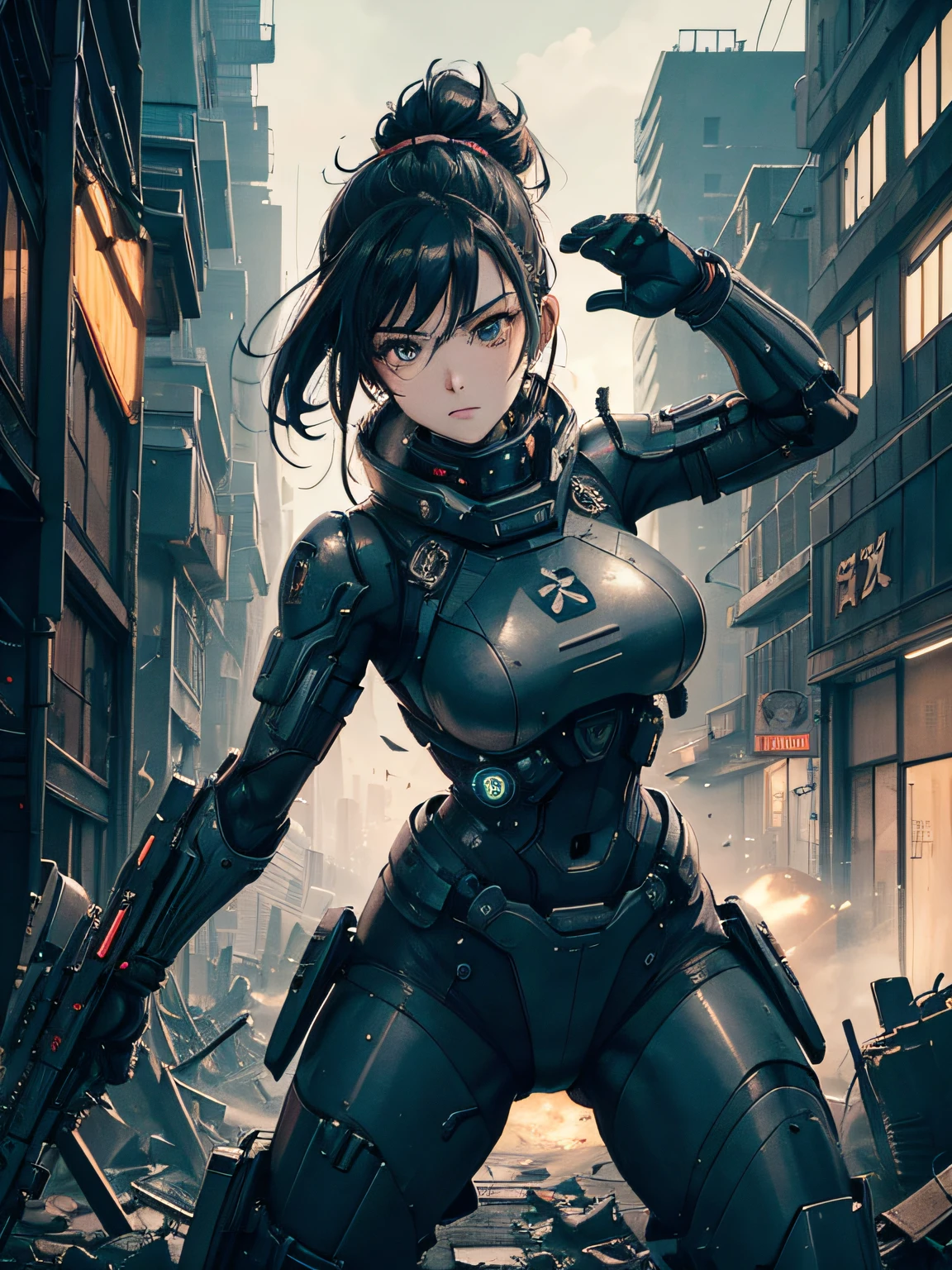 Dystopian future style image, A female soldier in high tech gear fighting in an urban warzone, dynamic pose, beautiful image, detailed face, 8k, gritty, dark anime, in the background a destroyed cityscape, neon lights, nighttime, highly detailed, maximalist, style like masamune shirow