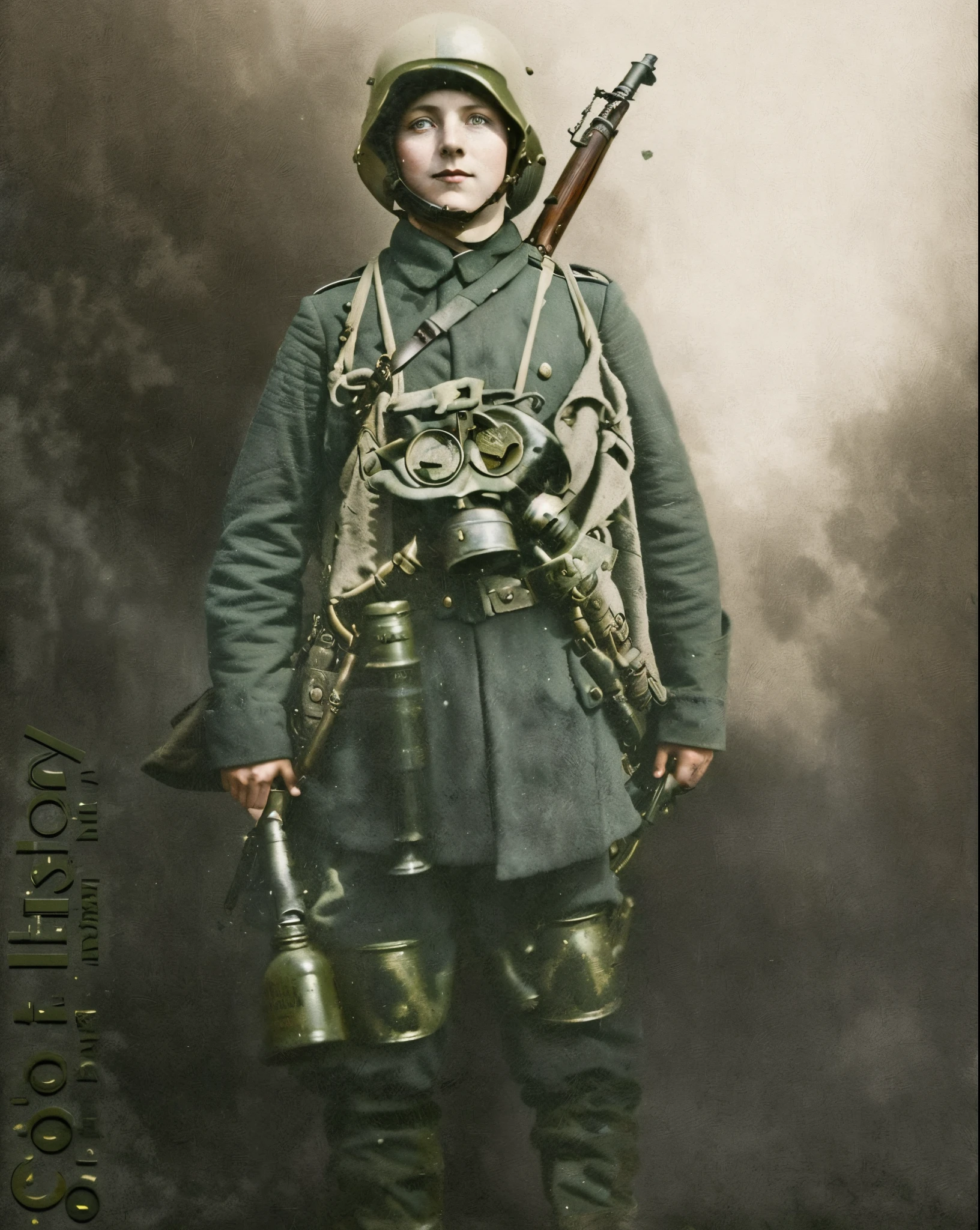 arafed soldier in uniform with gas mask and gas can, wearing russian ww 1 clothes, infantry girl, inspired by Adolf Dietrich, russian ww 1, award winning colorized photo, soldier with a gasmask, imperial military, young female ww 2 soldier, inspired by Otto Morach, dieselpunk soldier girl, 1 8 0 0 s soldier