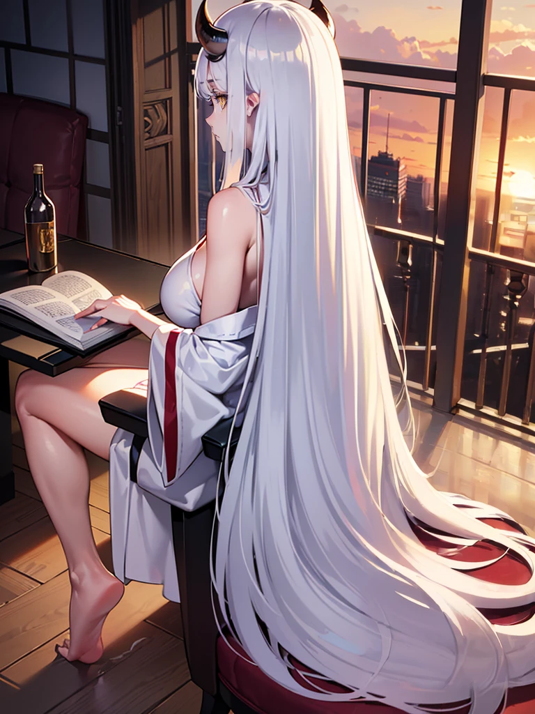 Best Quality, 8k, (masterpiece:1.2), ultra-detailed, expressive background, balance, Demon girl, 1Female, 1Demon-Girl, long gray hair, Long hair, (((Big and long straight white horns))), Straight horns white on head, White kimono, Sexy white dress, Sensual, Sexy, Sensual body, Huge breasts, Perfect curves, Majestic, ((sitting on a chair reading a book)), looking to a book, ((back view, Back view of the character, character is not looking at the viewer)), ((balcony, sunset in the background)), character is not looking at the viewer, character is reading a book!!