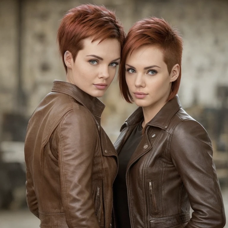 2women, lesbians, Elsin, brown-haired and red-haired,(Mohawk haircut:1.2), eyeglasses, leather jacket, Posing, HDR, Cinematic