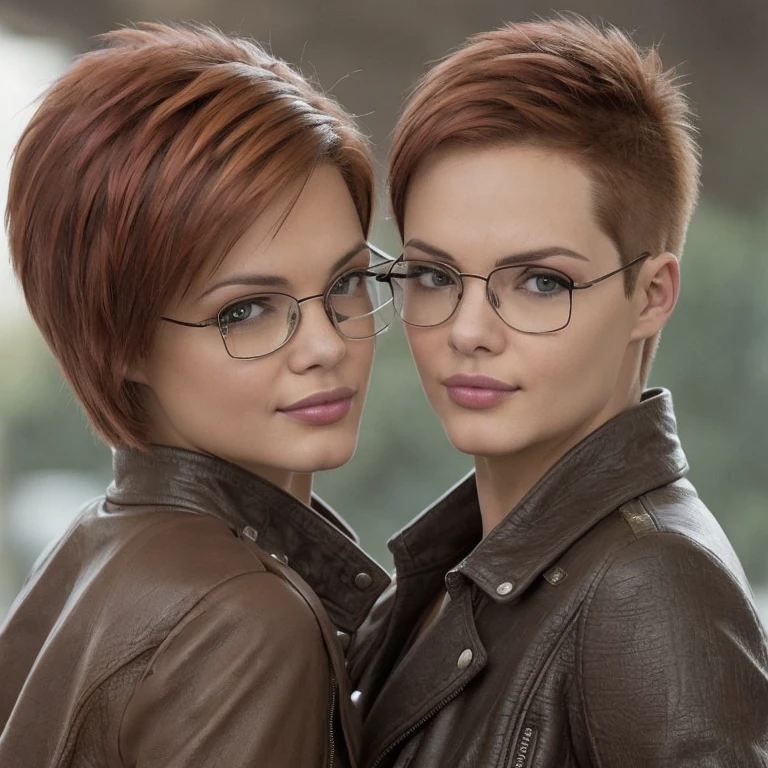 2women, lesbians, Elsin, brown-haired and red-haired,(Mohawk haircut:1.2), eyeglasses, leather jacket, Posing, HDR, Cinematic