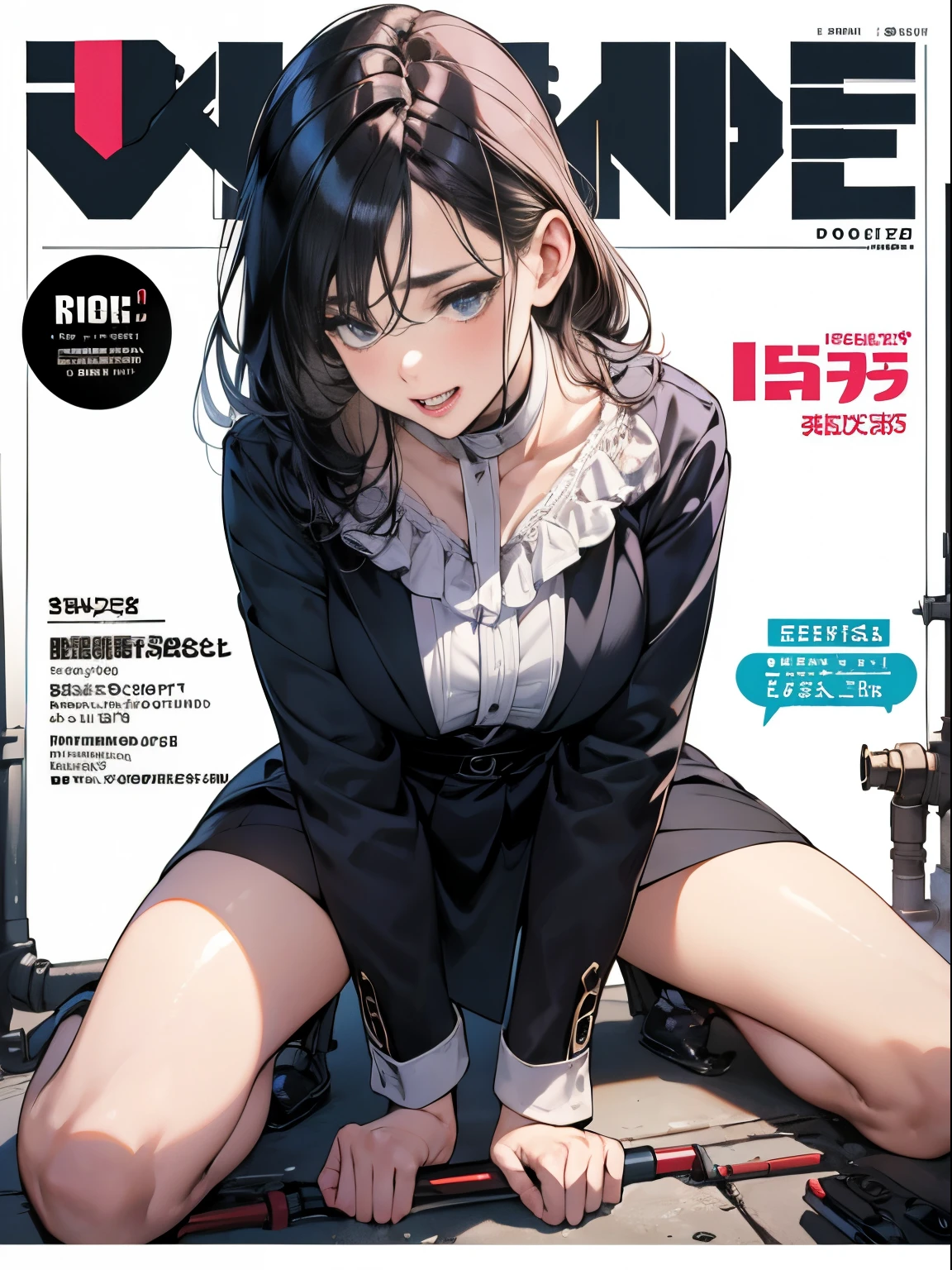 (((magazine's cover))), (large title), (many heading), (white border), (whole body), straddling to hit her crotch on exposed pipe, open legs, raise leg, open mouth, masturbation, orgasm face, in the factory, machines, ceiling