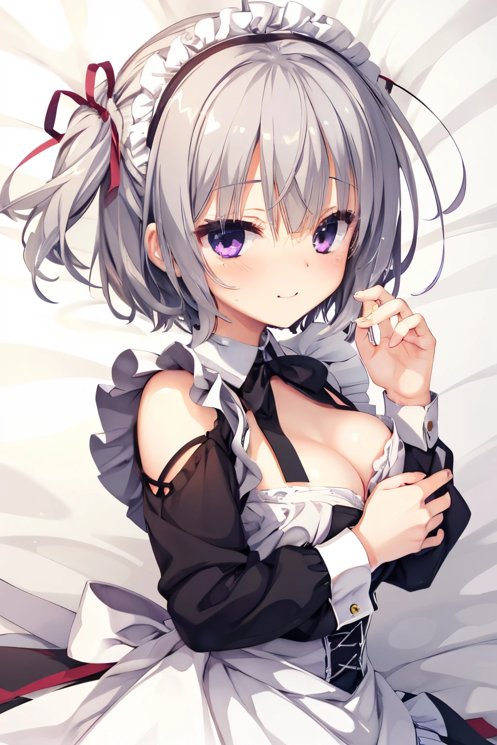 (supright straddl),hug,from side,bared chest,a bed,mesugaki,Lori,cute little,maid clothes,silber hair,Two-side-up,Large ribbon,Purple eyes,blushed face,evil smile,Top image quality,masutepiece,Best Quality