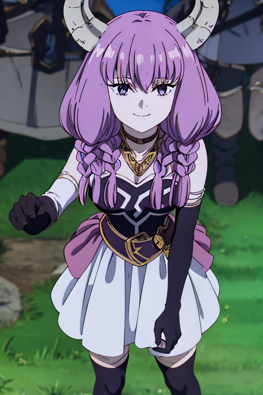 Aura the Guillotine, Long hair, (Purple eyes:1.1), Purple hair, braid, Horns, Twin braids, Skirt, thighs thighs thighs thighs, gloves, Choker, Black Gloves, elbow groves, 1girl in, Solo, Upper body, face to the viewer, Looking at Viewer, Smile,