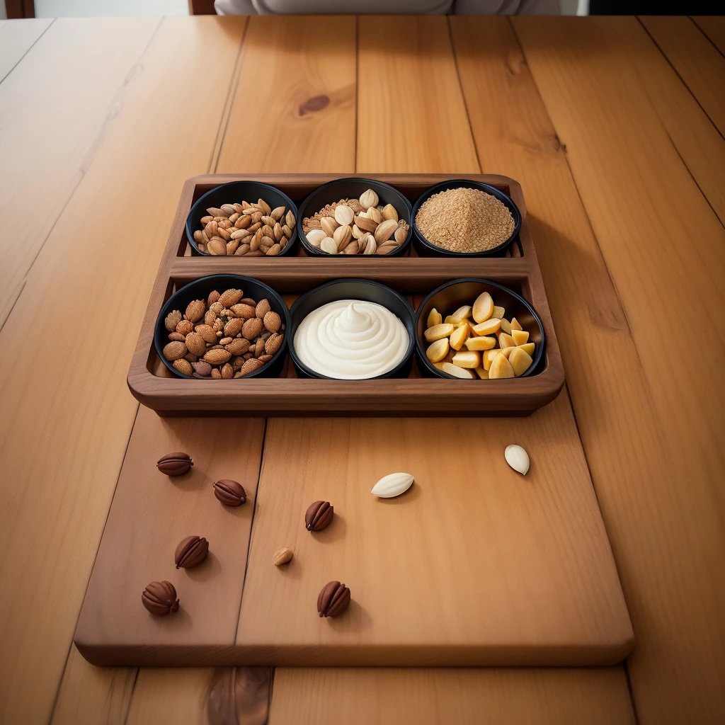 Create a visually enticing image featuring an assortment of nuts and seeds, showcasing their diverse shapes, sizes, and textures. Emphasize the rich combination of healthy fats, protein, and fiber present in these nutritional powerhouses. Consider a top-down shot to capture the array spread on a rustic wooden surface, providing a warm and natural backdrop. Ensure each type is distinctly visible, allowing viewers to appreciate the unique qualities of almonds, walnuts, chia seeds, flaxseeds, and pumpkin seeds. Play with lighting to enhance the textures and colors, creating an inviting composition that celebrates the goodness packed within these wholesome snacks.
**Camera Type:** Nikon D850
**Lens:** Sigma 50mm f/1.4 DG HSM Art Lens
**Shot Type:** Top-down
**Style:** Realistic Rendering, High Resolution (4K)
---
Let me know if you'd like any adjustments or if you're ready to proceed!