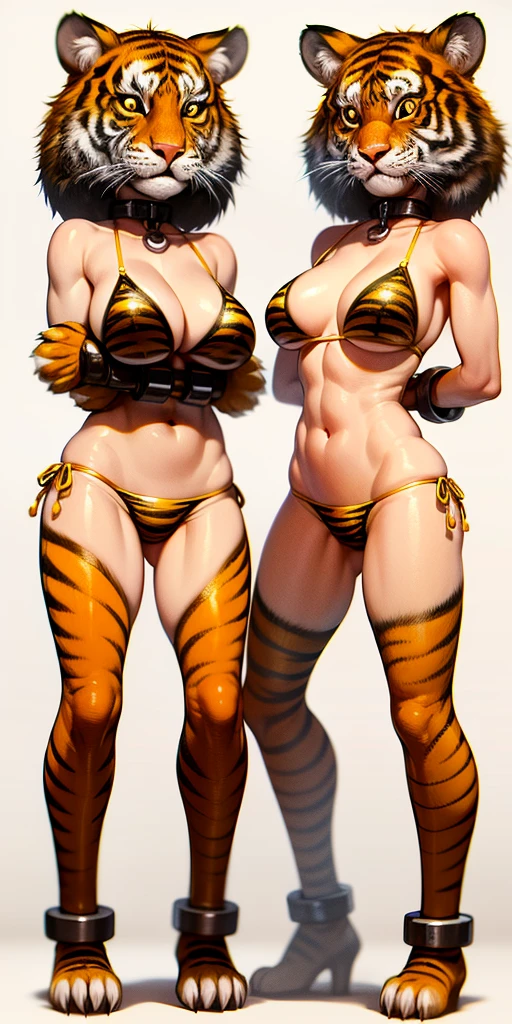 ((WHITE BACKGROUND)) full body standing straight symmetrical looking to the camera woman with bikini (yellow tiger bikini) tiger paws, choker on neck, shackles on legs and arms, tiger face