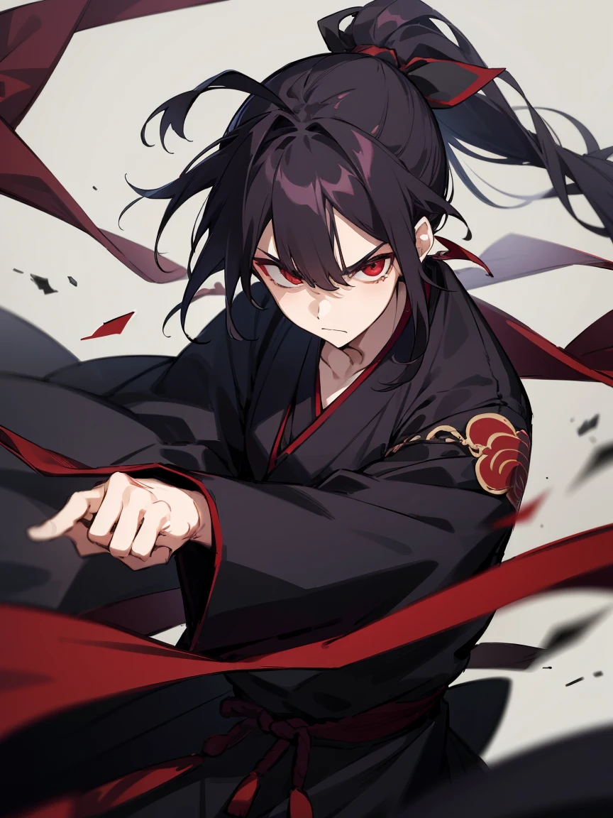 1 boy, Black hair high ponytail, red eyes, Wearing black Hanfu,There are embroideries on the clothes， Tie a red ribbon as a scarf, Serious, surrounded by broken glass, Close-up of face captured on camera, looking at viewert, Ridiculous resources, A high resolution, Super sharp, 8K, tmasterpiece