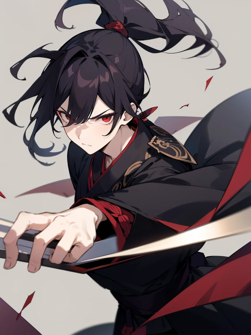 1 boy, Black hair high ponytail, red eyes, Wearing black Hanfu,There are embroideries on the clothes， Tie a red ribbon as a scarf, Serious, surrounded by broken glass, Close-up of face captured on camera, looking at viewert, Ridiculous resources, A high resolution, Super sharp, 8K, tmasterpiece