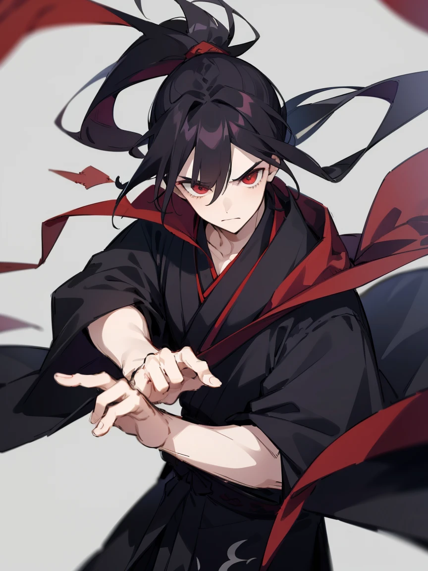 1 boy, Black hair high ponytail, red eyes, Wearing black Hanfu,There are embroideries on the clothes， Tie a red ribbon as a scarf, Serious, surrounded by broken glass, Close-up of face captured on camera, looking at viewert, Ridiculous resources, A high resolution, Super sharp, 8K, tmasterpiece