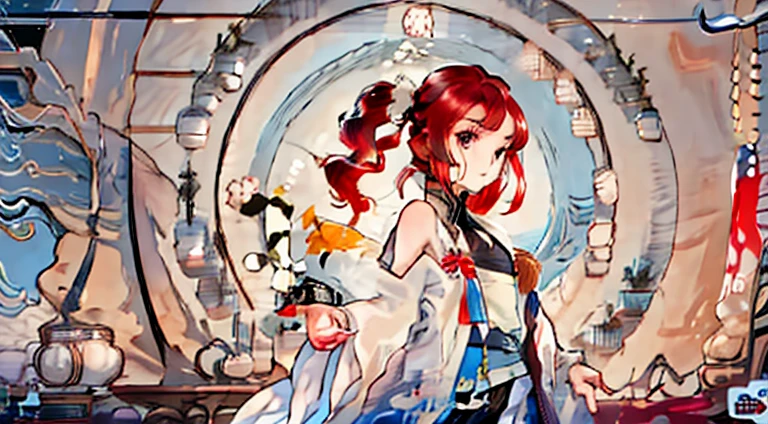 best qualtiy、细致背景、girl with、Mare、cafeteria、a bird、yuki、Winters、red hair pigtails short、military outfits、rifle、drooing eyes