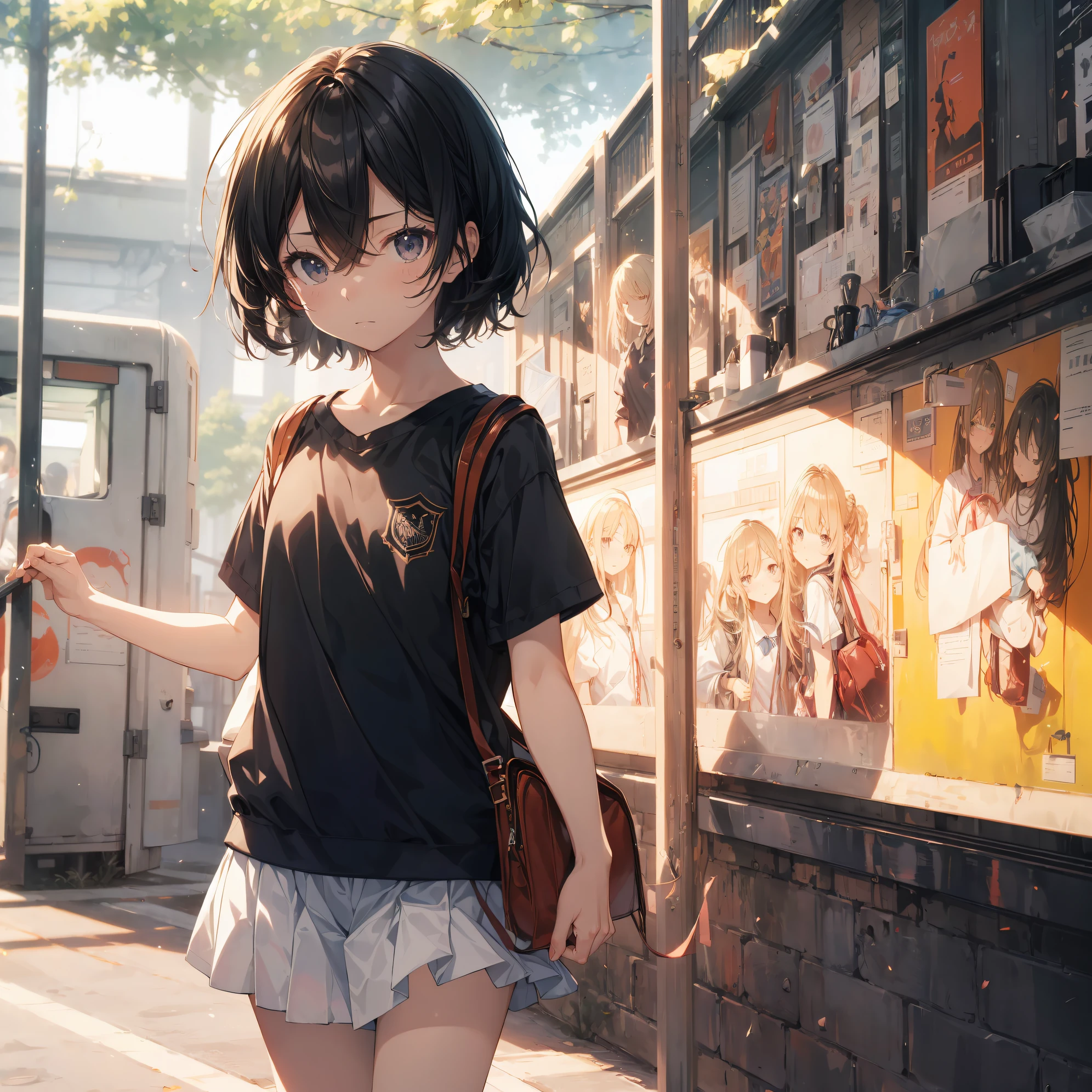 of the highest quality, Ultra-detailed, anime moe art style,Best Anime 8K Konachan Wallpapers,Pixiv Contest Winner,Perfect Anatomy, (Draw a girl sleepily walking to school. ),BREAK, 1girl in, (Solo,Lori,child,13years:1.3),a junior high school student, Androgynous attraction, (Very short hair),hair messy, Center Part, Forehead, Full limbs, complete fingers,flat chest, Small butt, groin, Small eyes,Precise black eyes,disgusted eye, School uniform, Skirt,On the way to school. BREAK,High resolution,super detailed skin, Professional Lighting, 8k eye details,(cool illustration:1.2),