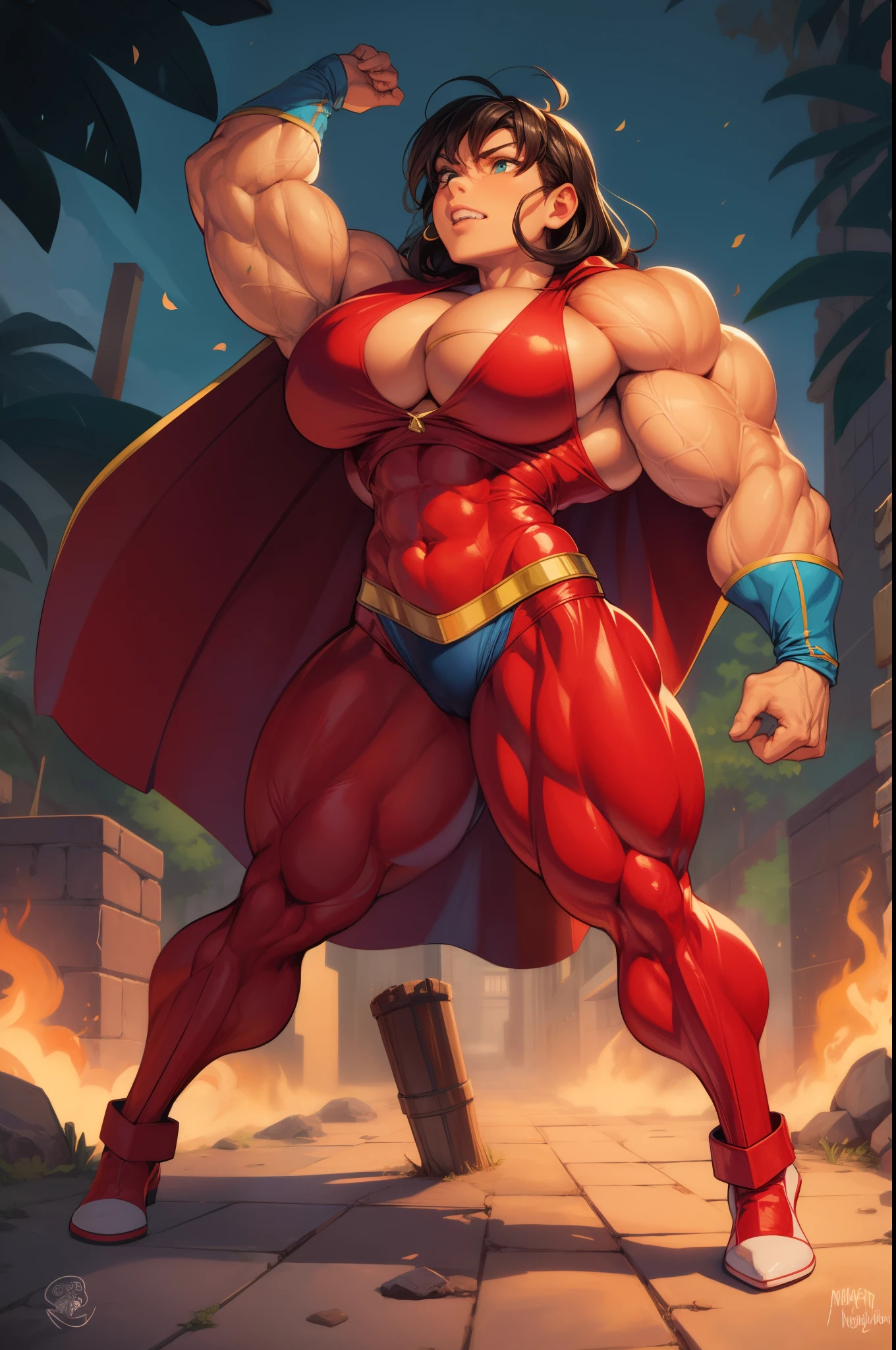 Mexican muscle woman flexing muscles wearing superhero outfit with cape, muscle woman, big muscles, huge muscles, massive muscles, mature woman