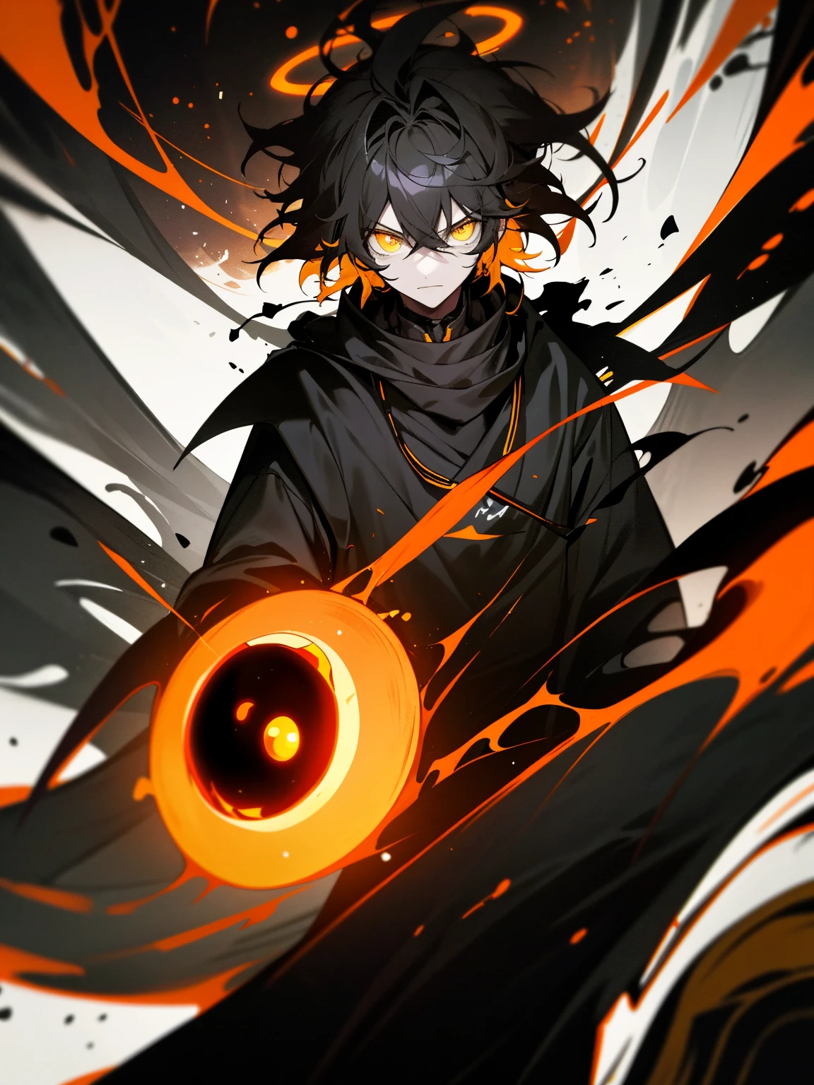 man with messy hair, Colors are black and orange, Dressed in the clothes of a scientist, yellow-eyed, holding a black hole, Black hole halo, evil look