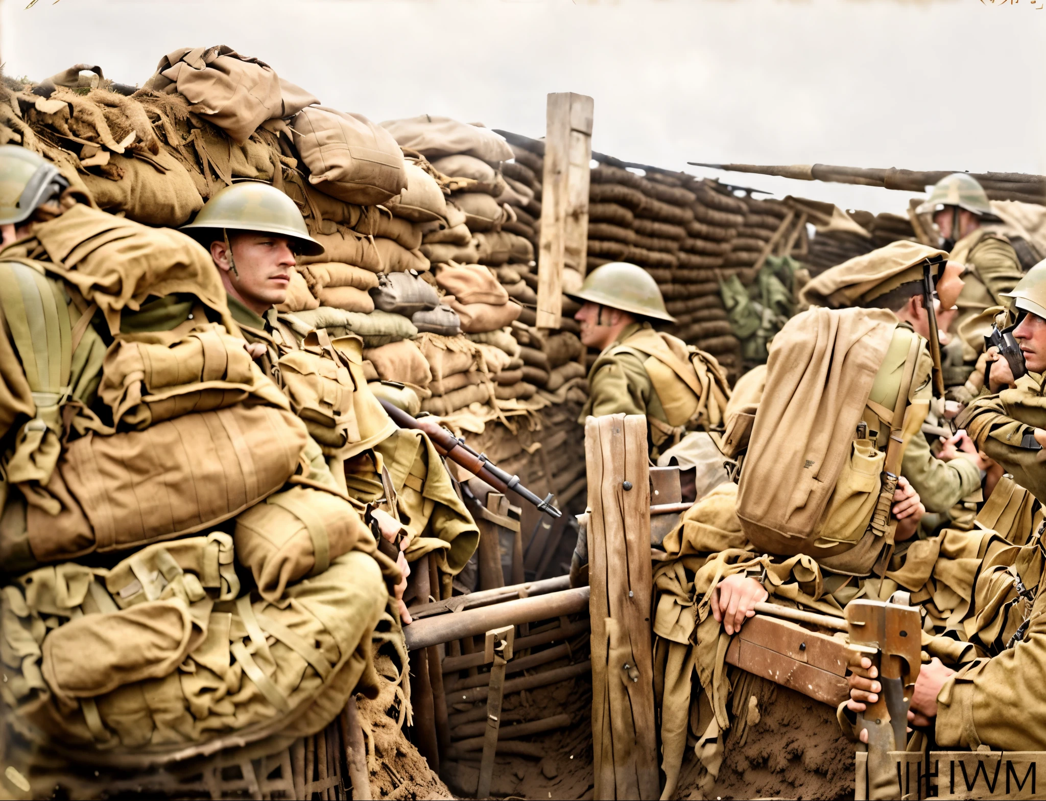 soldiers in a trench with sandbags and a wooden fence, in trenches, trenches, ww1 trench, trench sandbags in background, trench warfare, ww1 film photo, ww1 photo, wartime footage, ww 2 historical photography, ww2 historical photography, 1943, 1 9 4 4, 1944, 1 9 4 2