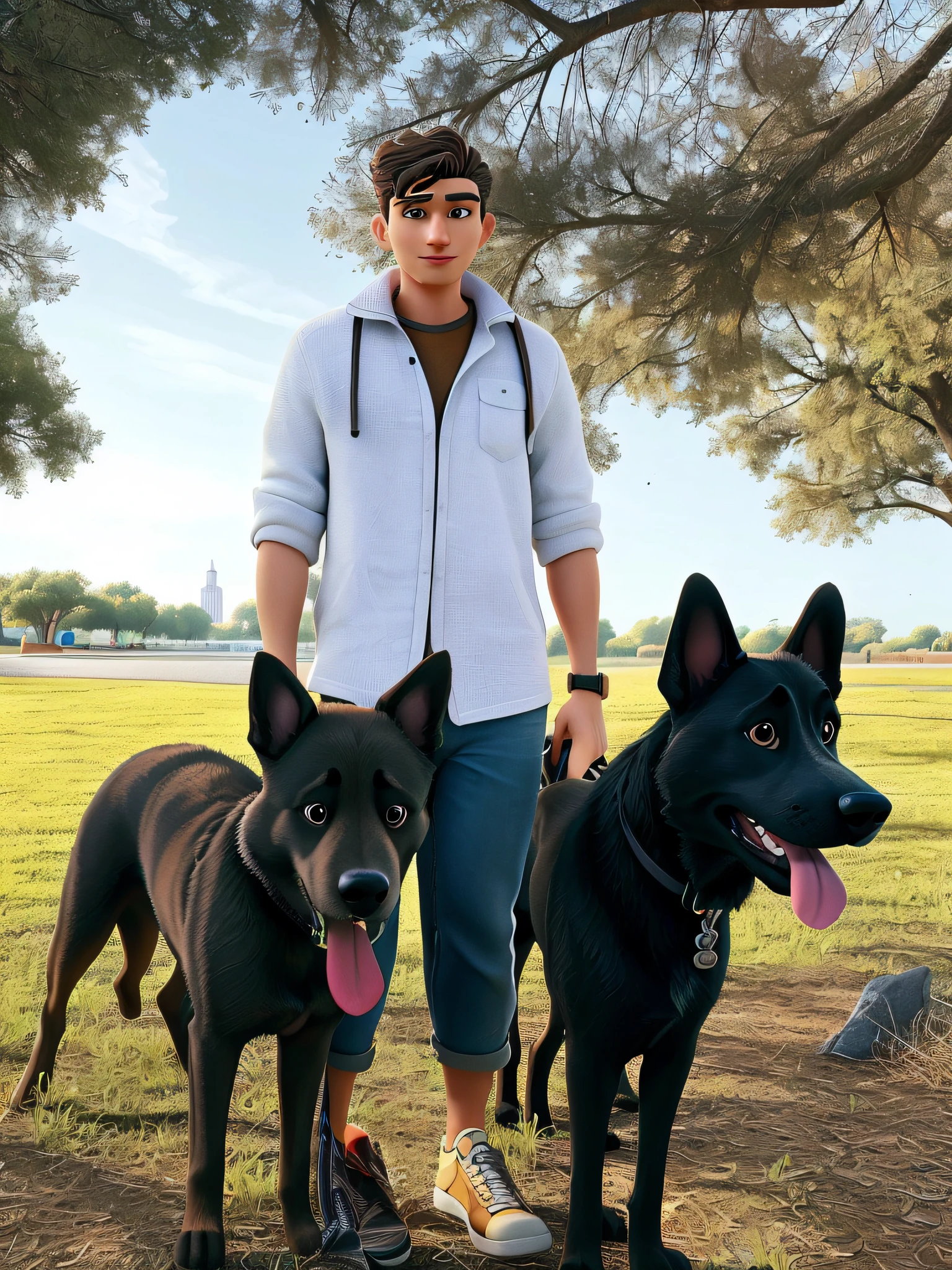 there are two dogs standing next to a man in a park, with dogs, taken on iphone 14 pro, by Matt Cavotta, by Terese Nielsen, by Robbie Trevino, taken on iphone 1 3 pro, k9, by Bernie D’Andrea, by Whitney Sherman, by Aleksander Kotsis, by Marshall Arisman