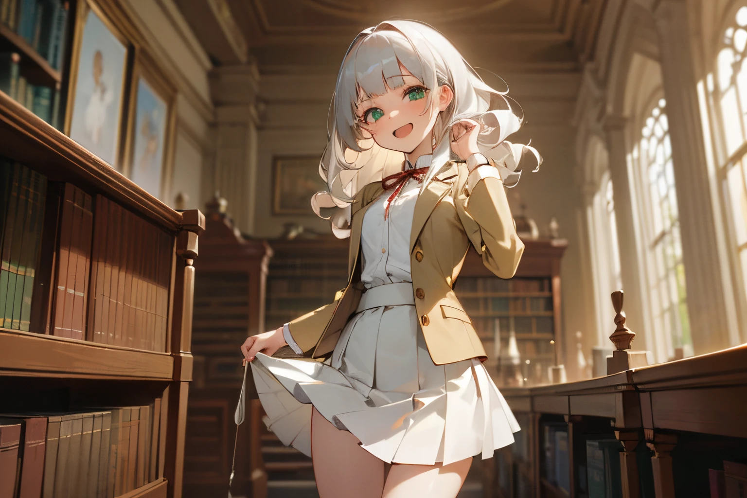((Masterpiece)), (Professional Photography:1.2), (High Definition:1.3), best quality, 8K, Textured skin, cinematic lighting, (1girl), short stature, ((cute teenage young girl)), (very blunt bangs, slightly loose curls hair, breasts length hair, high details of pale silver hair), (very laughing face), brilliant green eyes, (drooping eyes), (very cute pose), small breasts, slender waist, ??????? slovenly, (pale Ivory color blazer student's uniform, white blouse, brown skirt), ((in the library room)), red string ribbon