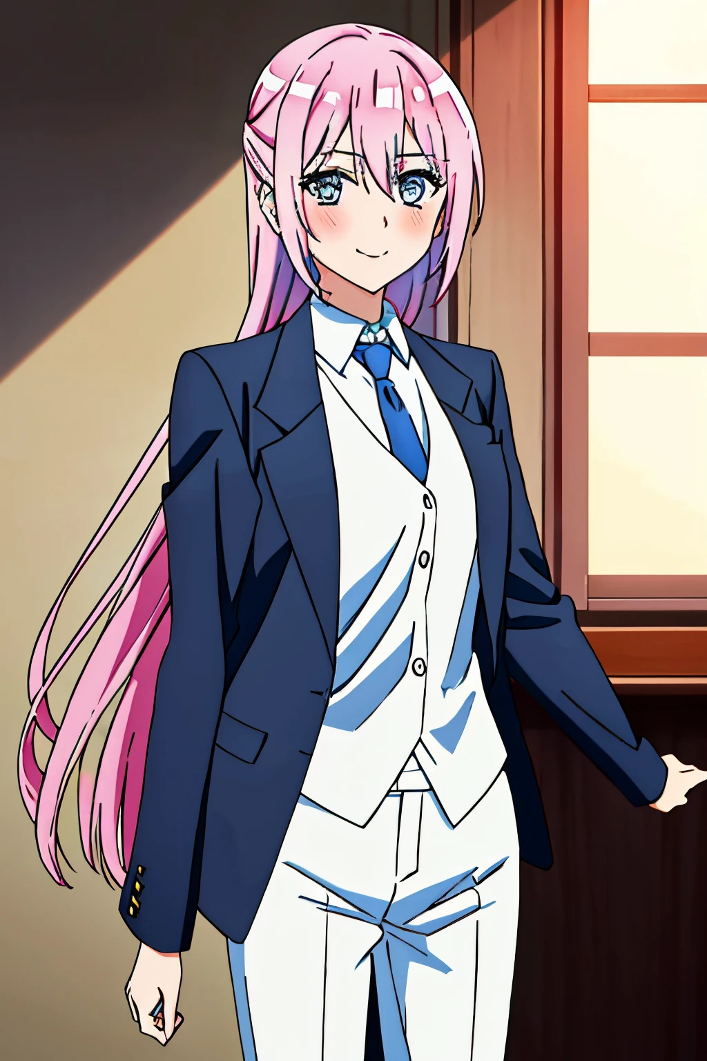 1GIRL , shikimori miyako , shikimori micchan, woman in formal attractive suit tuxedo tailcoat standing in a large alcove in the room, 1girl, solo, necktie, pink hair, blue eyes, long hair, smile, jacket, looking at viewer, shirt, pants, blue necktie, collared shirt, white pants, white shirt, indoors, bangs, long sleeves, closed mouth, window, black jacket, blush, cowboy shot, formal, suit