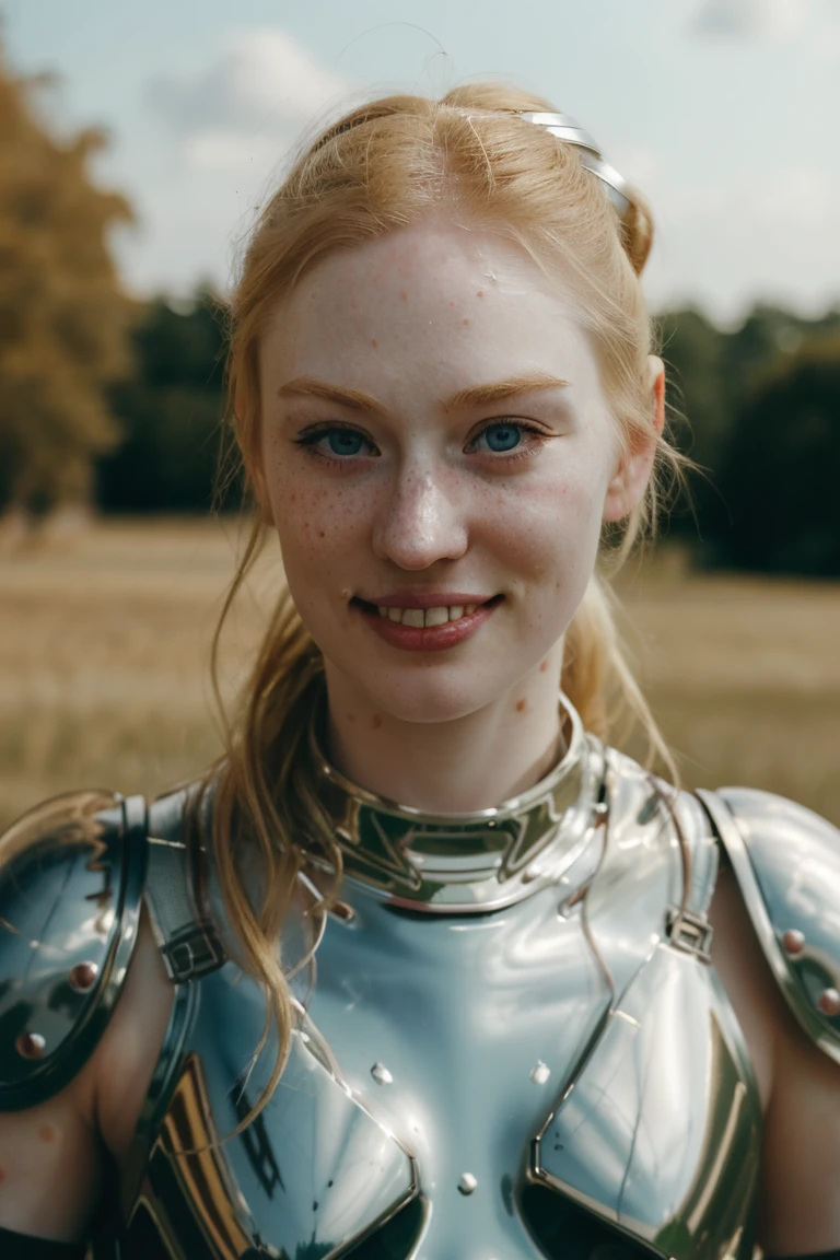 Ultra realistic photography of dbwl woman with many huge beauty spots on her natural pale white skin  ,    (medium shot:.1) ,  (full body portrait:1.5), 
 (SFW),  (((chrome armor))) , dressed, upper arms,   ((in frame)),

 ((fighting stance)),  natural (  pale light blonde eyelashes) , blue eyes, ponytail hairstyle,
 detailed Natural pale white skin  with (many huge round beauty marks) , smile, light pale blonde eyebrows,
 happy, clean cheeks,
detailed, natural light blonde,  outdoors, sunny, high resolution, photograph, RAW photo, [[sexy]]