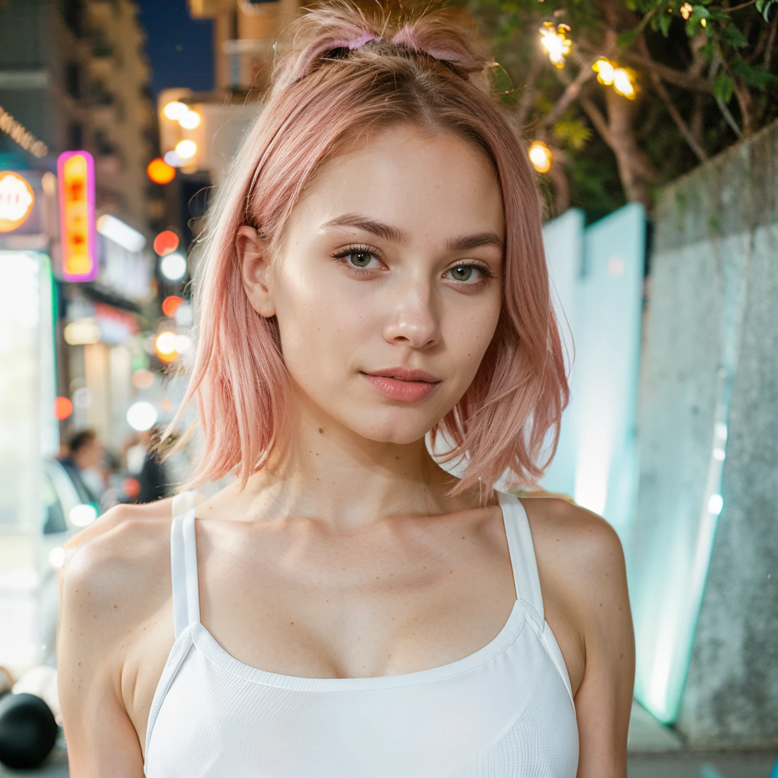 25 years old girl, green eyes, nose pierced, posing in tokyo street by, night, white, white shirt on, small boobs, looking at the viewer, smiling, pink hair in a ponytail, pretty young face, (cinematic: 1.3), intricate details,(dynamic pose:1) (ArtStation: 1.2), (portrait:1.4) skin spots, (freckles: 0.9), detailed eyes, micro-details