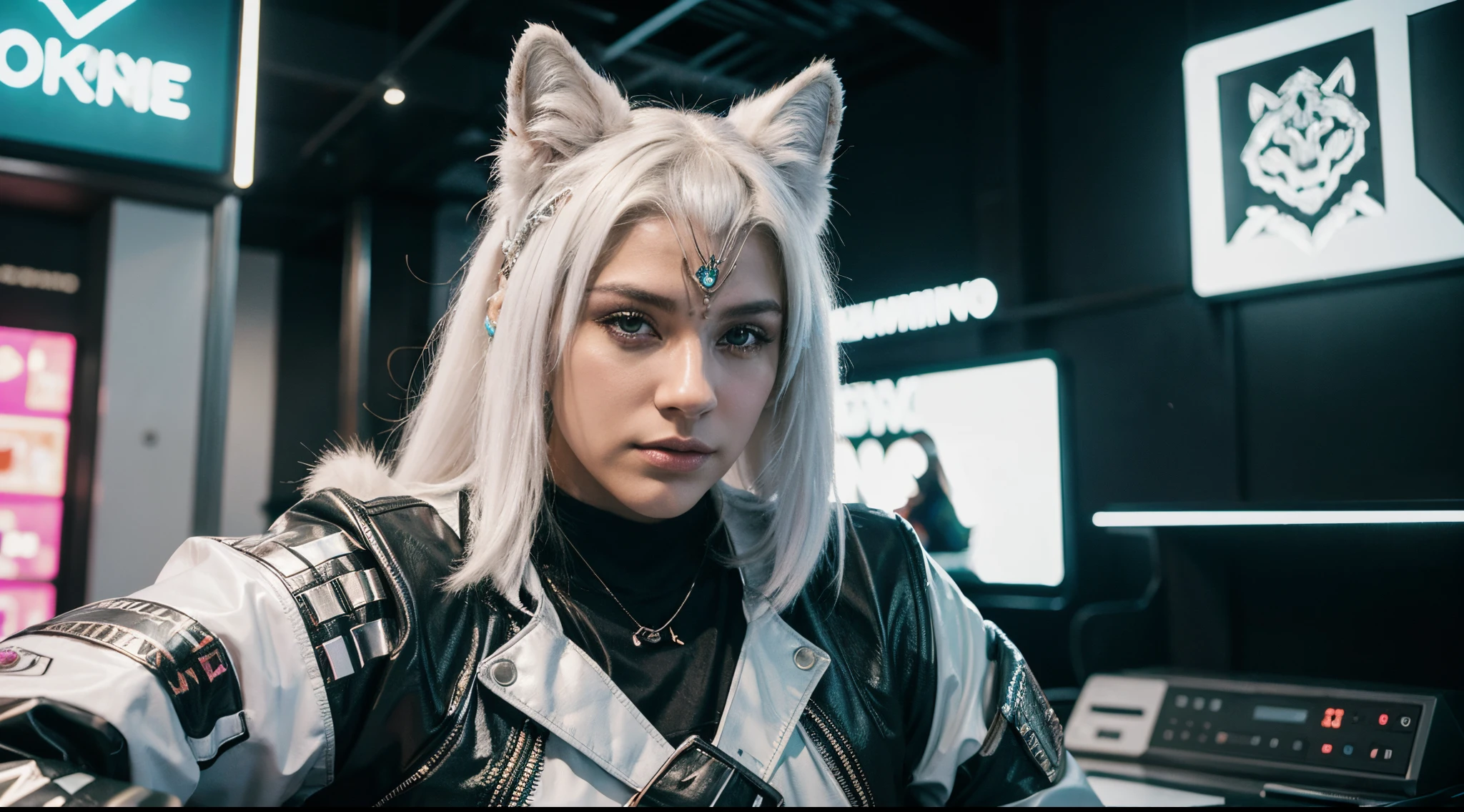 A WHITE WOLF WITH IRIDESCENT FUR Illustration, Contorno extremamente arrojado, lampejo, Tribal, hacking cultura cyberpunk fundo, capricho e criatividade, cor vibrante, acrylic illustration, Pixiv, 12k, muito melhor qualidade, hiper detalhado, +4 caracteres diferentes, mas o mesmo estilo,