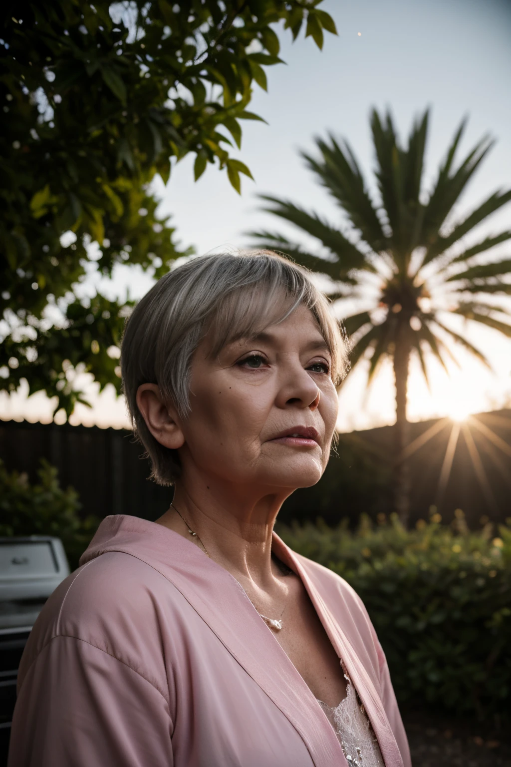 An old woman, 70 yo . American. Overweight. 150 kg. Low class. White trash. smoking. Large waist. grey short hair, dark eyes. Dressed in a pink bathrobe. Standing in a garden in front of a trailer. Looking at the viewer. (SeventhHell:1.8) (ecovault:1), ((RAW, analog style)), cinematic lighting, atmospheric lights, god rays, ultra detailed, bloom, dramatic atmosphere, centered, rule of thirds, f/1.4, 6mm, High Angle Shot,
