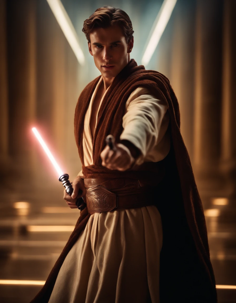 Modern digital art of a handsome young warrior, Jedi artwork, dynamic poses, glowing lightsaber, flowing robes, forceful expression, mystical powers