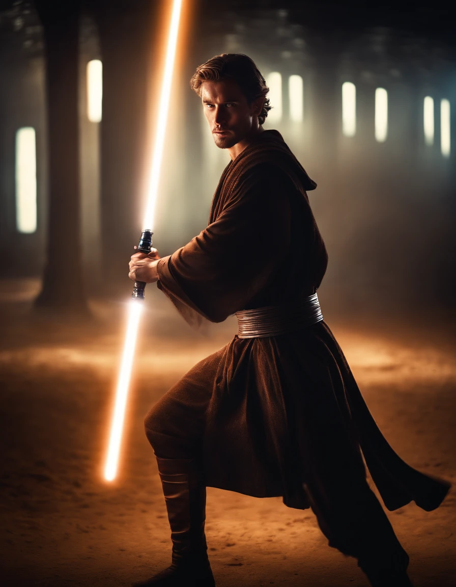 Modern digital art of a handsome young warrior, Jedi artwork, dynamic poses, glowing lightsaber, flowing robes, forceful expression, mystical powers