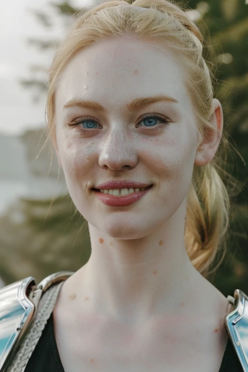 Ultra realistic photography of dbwl woman with many huge beauty marks on her natural pale white skin  ,    (medium shot:.1) ,  (full body portrait:1.5), 
 (SFW),  (((chrome armor))) , dressed, upper arms,   ((in frame)),

 ((fighting stance)),  natural (  pale light blonde eyelashes) , blue eyes, ponytail hairstyle,
 detailed Natural pale white skin  with (many huge round beauty spots) , smile, light pale blonde eyebrows,
 happy, clean cheeks,
detailed, natural light blonde,  outdoors, sunny, high resolution, photograph, RAW photo, [[sexy]]