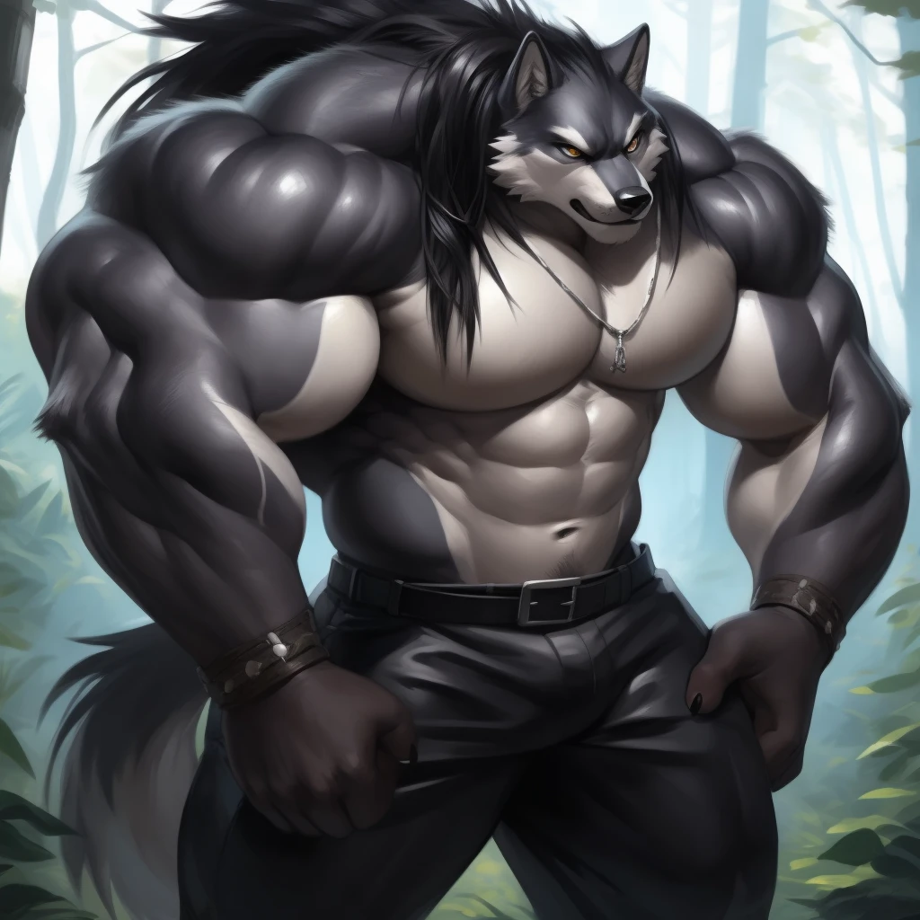 upload on e621, by Pino Daeni, Masterpiece, best quality, ultra high res, 4K, 8k HD, 2D, perfect anatomy, digital art, official art, extreme detailed, ultra detailed, strapsanime, color, soft shading, sharp focus, forest woods background, powered up silver thunder elemental aura both arms, 1boy, dark black body fur, silver belly, detailed fluffy fur, ultra detailed face, detailed eyes, detailed iris eyes, detailed yellow eyes, white sclera, black pupils, navel, abs, bare pectoral, black claw nails, furry wolf male, mature male, giant size, dark black huge bulky muscular body fur, canid, huge muscles, hyper muscles, huge pecs, huge biceps, canine, canis, mammal, powerful wolf god, wolf male, fierce face, serious expression, badass, wolf anthro, solo, standing, wearing full complete sleeveless long black and silver coat/jacket, black and silver full complete sleeveless long coat/jacket, shirtless, dark black longest hair, dark black longest back fur hair, dark black longest hair fur front lay on pecs, hair color match his fur color, perfect fingers, dark black hands and fingers, wearing fingerless black gloves, black gloves, one black armbands on biceps, three black armbands on forearms, one silver moon, large black prayer beads necklace with silver moon teardrop pendant attached to prayer beads necklace rest on his tuft pecs, dark black and silver underside long tail, black long pants with silver designs with belt straps on leg
