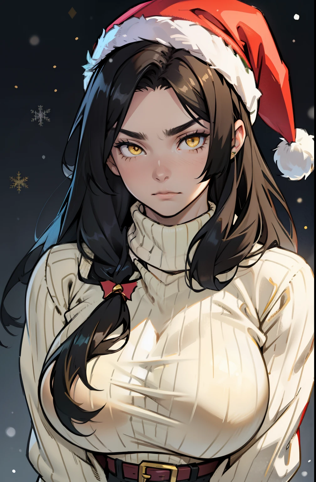 solo, (((1 girl))), very long hair, black hair, yellow eyes, ((muscular)), huge tits, pale skin, slick hair, (christmas sweater) close up santa hat sad longing longing longing blushing