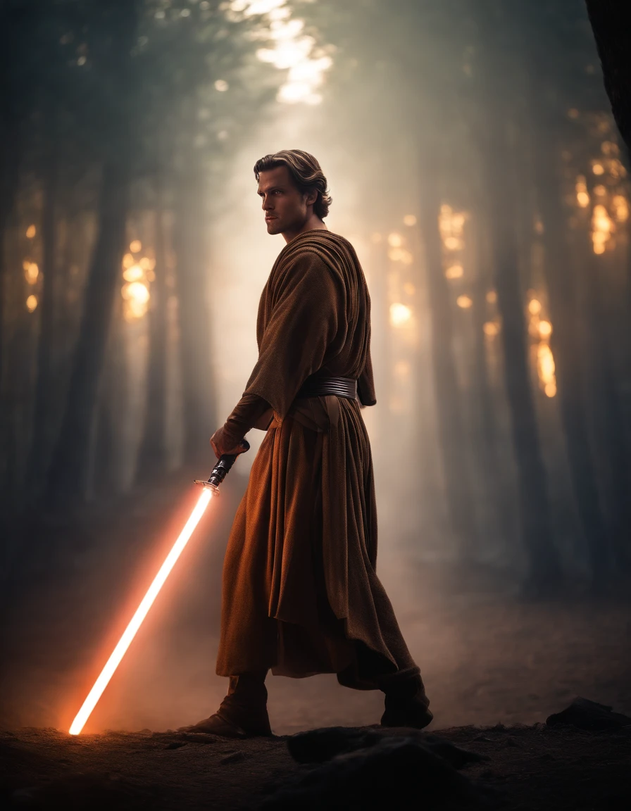 Modern digital art of a handsome young warrior, Jedi artwork, dynamic poses, glowing lightsaber, flowing robes, forceful expression, mystical powers