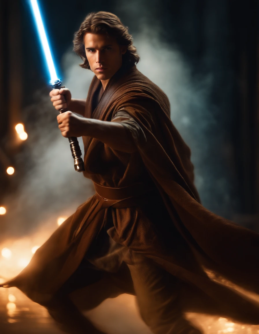 Modern digital art of a handsome young warrior, Jedi artwork, dynamic poses, glowing lightsaber, flowing robes, forceful expression, mystical powers