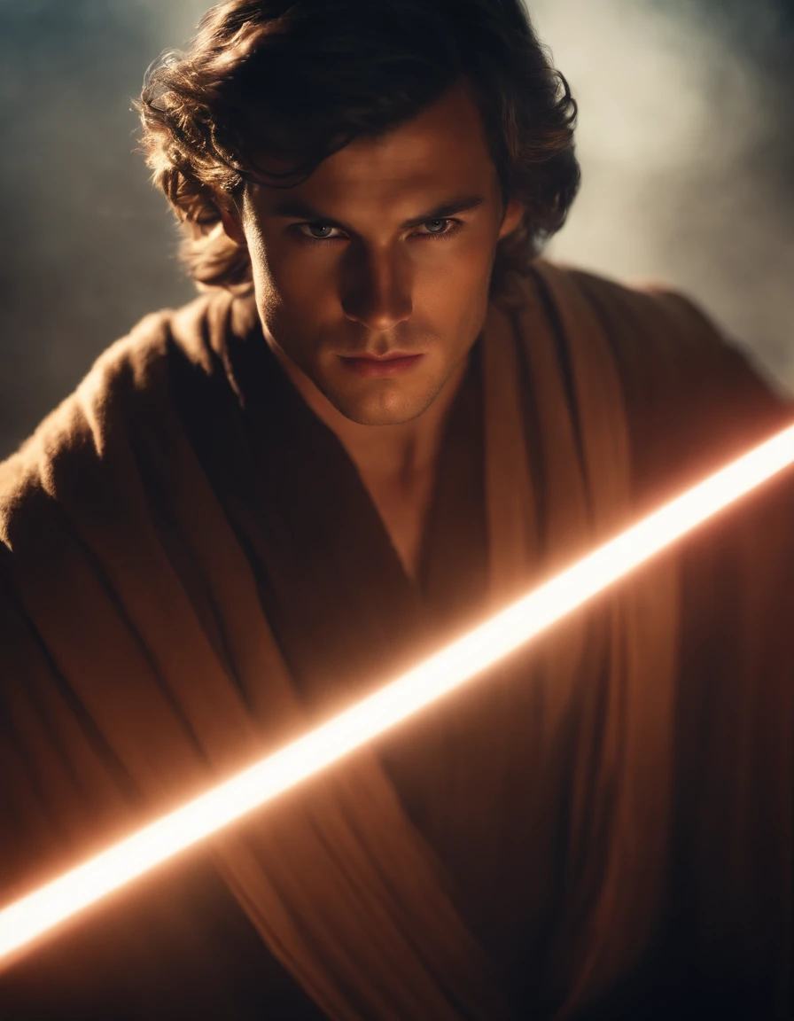 Modern digital art of a handsome young warrior, Jedi artwork, dynamic poses, glowing lightsaber, flowing robes, forceful expression, mystical powers