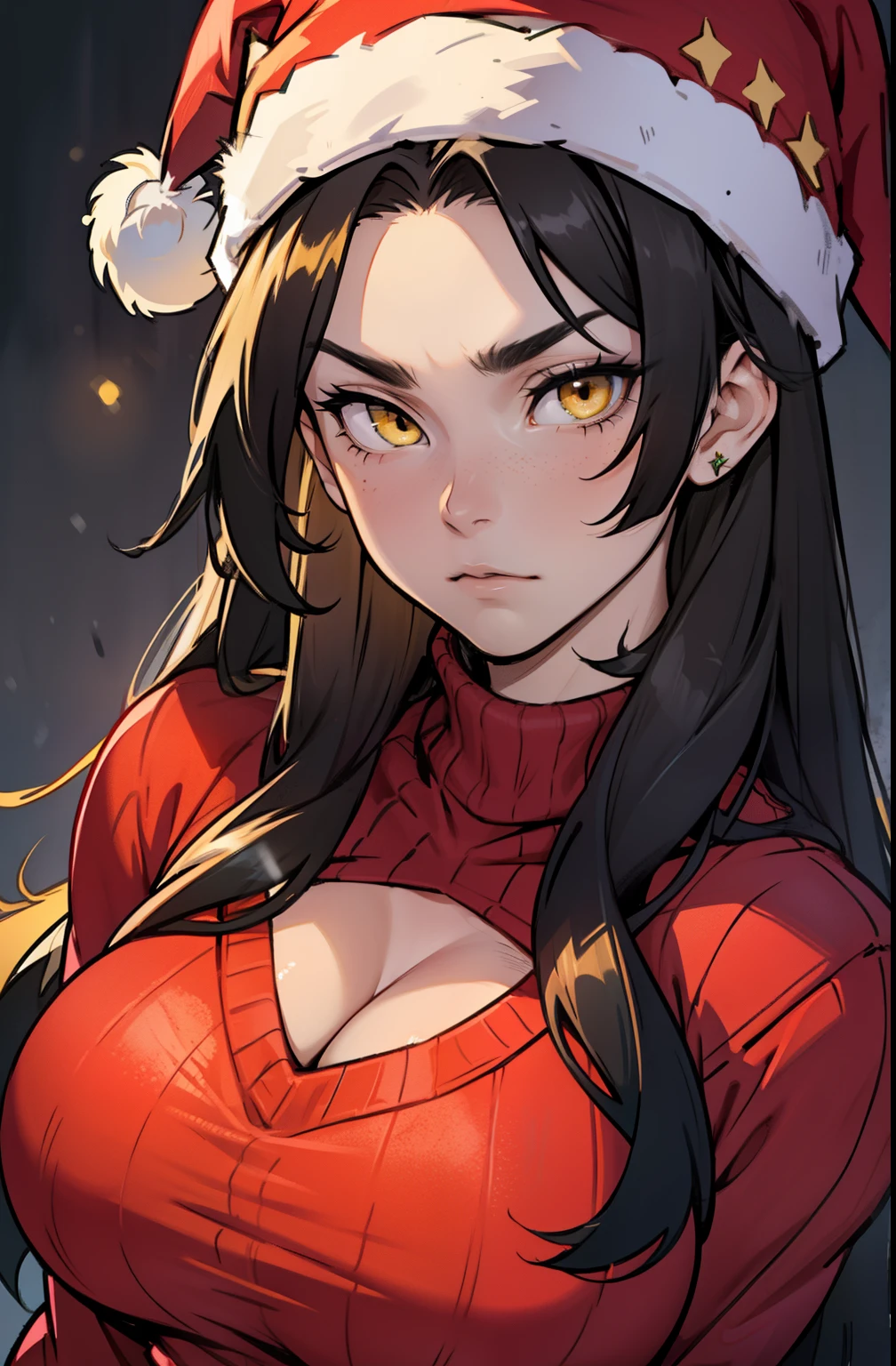 solo, (((1 girl))), very long hair, black hair, yellow eyes, ((muscular)), huge tits, pale skin, slick hair, (christmas sweater) close up santa hat sad