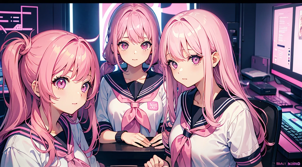 (3 girls, pink hair, pink eyes, sailor suit, kawaii, strategy meeting), (pink cyberpunk, room with big monitors, pink neon)